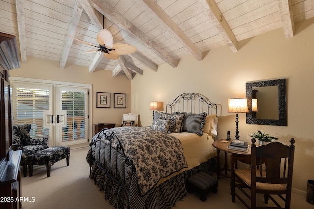 bedroom featuring carpet, vaulted ceiling with beams, wooden ceiling, and ceiling fan