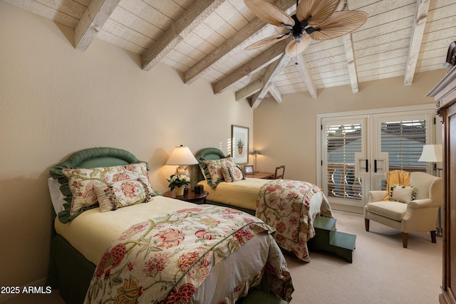 carpeted bedroom with ceiling fan, wooden ceiling, lofted ceiling with beams, and access to outside