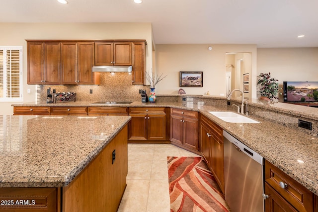 kitchen with sink, light tile patterned floors, dishwasher, light stone counters, and black electric cooktop