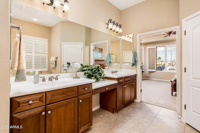 bathroom with vanity, tile patterned floors, and ceiling fan