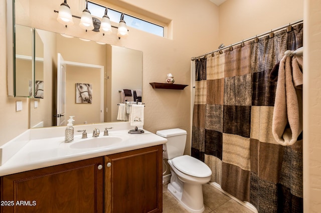 bathroom with a shower with shower curtain, vanity, toilet, and tile patterned flooring