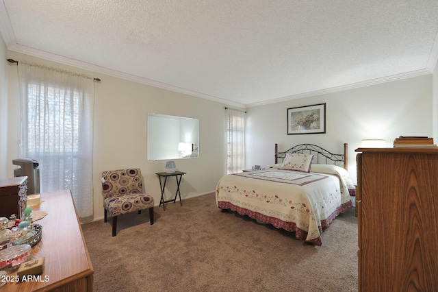 carpeted bedroom featuring ornamental molding and a textured ceiling