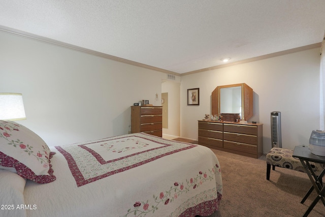 carpeted bedroom featuring a textured ceiling and crown molding