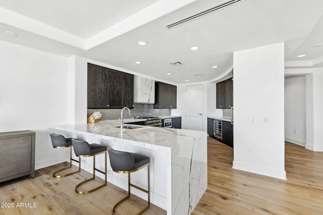 kitchen with light wood finished floors, a peninsula, a sink, high end stove, and backsplash