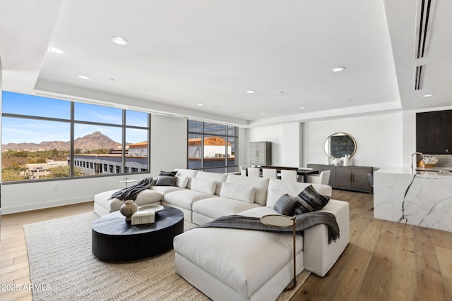 living area with a raised ceiling, wood finished floors, and recessed lighting