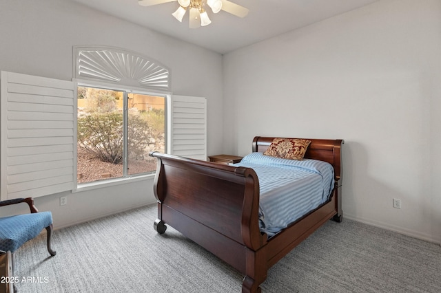 bedroom with light colored carpet and ceiling fan