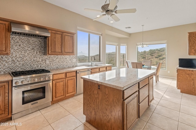 kitchen featuring a center island, backsplash, wall chimney range hood, hanging light fixtures, and appliances with stainless steel finishes