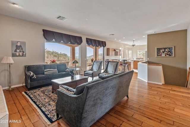 living room with ceiling fan and wood-type flooring