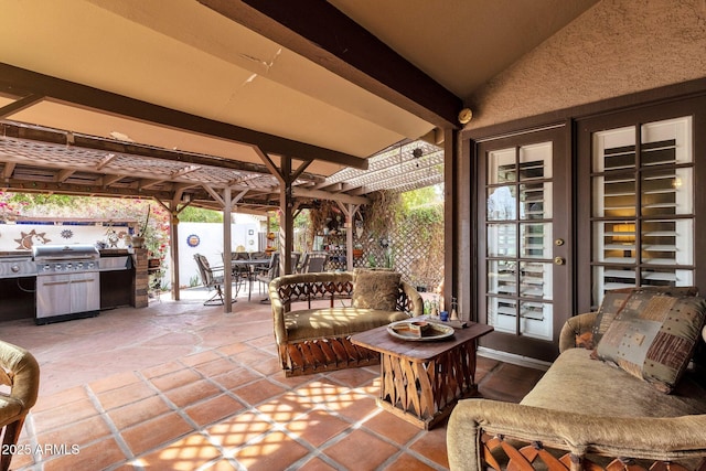 view of patio / terrace with a pergola, french doors, a grill, and an outdoor living space