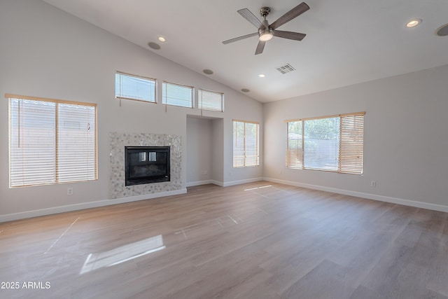 unfurnished living room featuring visible vents, ceiling fan, baseboards, a tile fireplace, and recessed lighting