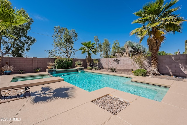 view of swimming pool with a fenced in pool, a patio area, an in ground hot tub, and a fenced backyard