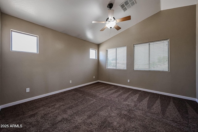 125 N 22nd Pl Unit 14, Mesa, AZ 85213 - unfurnished room featuring ceiling fan, dark colored carpet, lofted ceiling, and baseboards