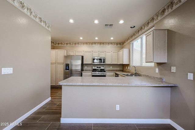 125 N 22nd Pl Unit 14, Mesa, AZ 85213 - kitchen featuring stainless steel appliances, a sink, a peninsula, baseboards, and light countertops