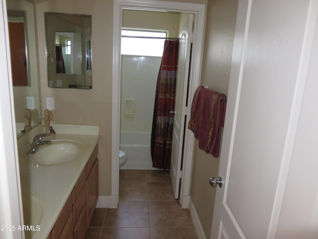 full bathroom with shower / bath combination with curtain, vanity, toilet, and tile patterned flooring