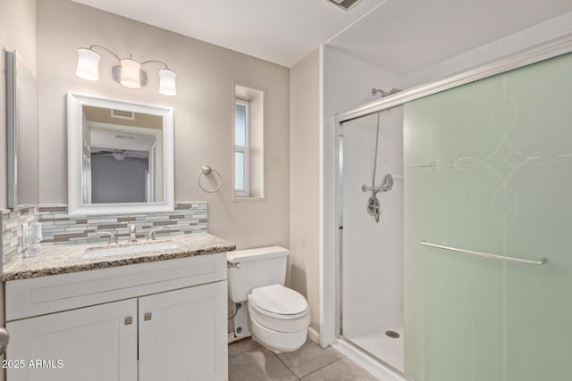 full bath featuring toilet, tile patterned floors, tasteful backsplash, and a stall shower