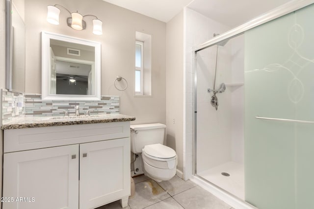 full bath with visible vents, a stall shower, decorative backsplash, tile patterned floors, and toilet