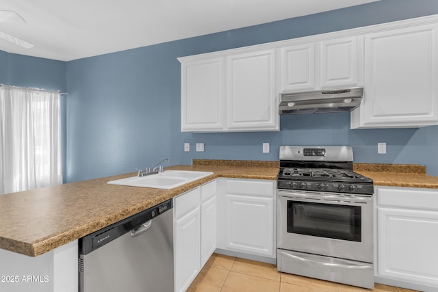 11630 W Jefferson St, Avondale, AZ 85323 - kitchen with appliances with stainless steel finishes, under cabinet range hood, a peninsula, and white cabinets