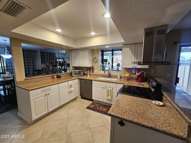 kitchen featuring white cabinets, black appliances, a raised ceiling, sink, and light tile patterned flooring