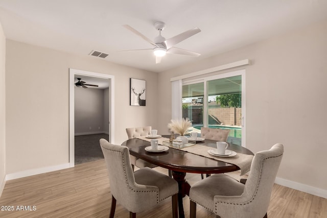 dining space with light wood-style flooring, baseboards, ceiling fan, and visible vents