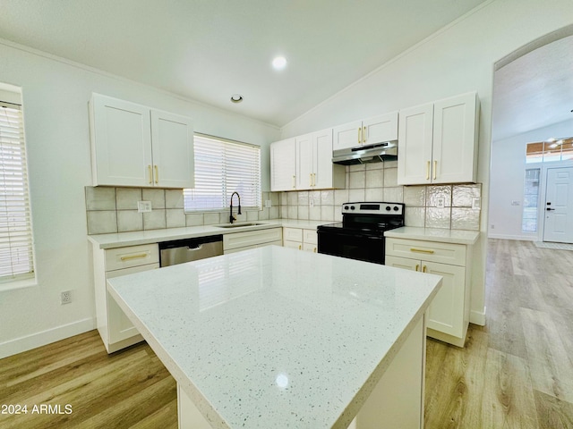 kitchen with lofted ceiling, electric range oven, a sink, dishwasher, and under cabinet range hood