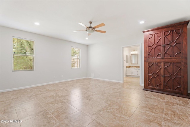 unfurnished room with baseboards, recessed lighting, ceiling fan, and light tile patterned flooring
