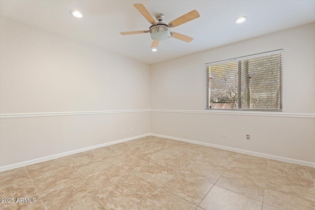 unfurnished room featuring recessed lighting, a ceiling fan, baseboards, and tile patterned flooring
