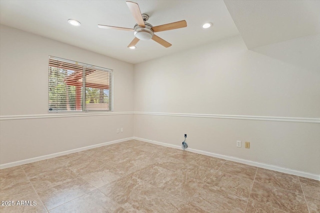 empty room with recessed lighting, a ceiling fan, and baseboards