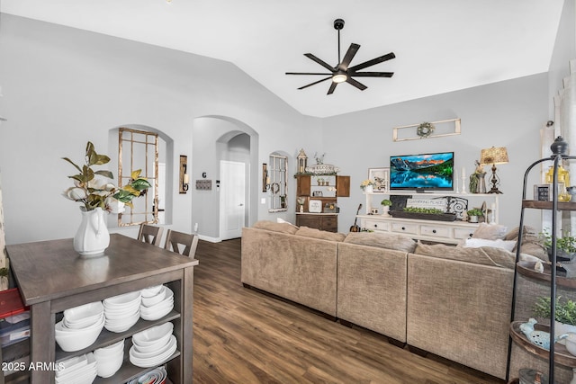 32881 N Hidden Canyon Dr, San Tan Valley, AZ 85144 - living area with arched walkways, vaulted ceiling, dark wood-style floors, and ceiling fan