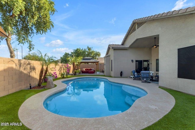32881 N Hidden Canyon Dr, San Tan Valley, AZ 85144 - view of swimming pool featuring a gazebo, an outdoor hangout area, a patio area, and a fenced backyard