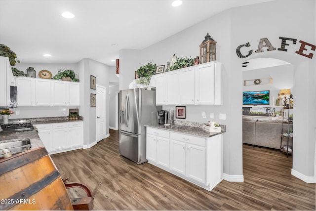 32881 N Hidden Canyon Dr, San Tan Valley, AZ 85144 - kitchen featuring white cabinets, dark wood-style flooring, recessed lighting, and stainless steel fridge with ice dispenser