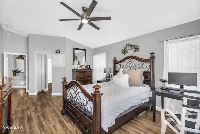 32881 N Hidden Canyon Dr, San Tan Valley, AZ 85144 - bedroom featuring baseboards, vaulted ceiling, visible vents, and dark wood-style floors