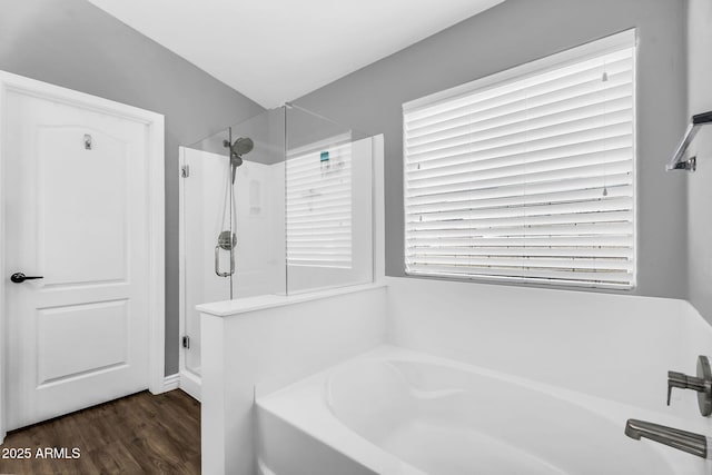 32881 N Hidden Canyon Dr, San Tan Valley, AZ 85144 - bathroom featuring a garden tub, wood finished floors, and a stall shower