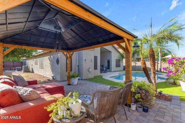 32881 N Hidden Canyon Dr, San Tan Valley, AZ 85144 - view of patio with a fenced backyard, a gazebo, central air condition unit, and a fenced in pool