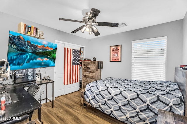 32881 N Hidden Canyon Dr, San Tan Valley, AZ 85144 - bedroom with visible vents, a ceiling fan, and wood finished floors