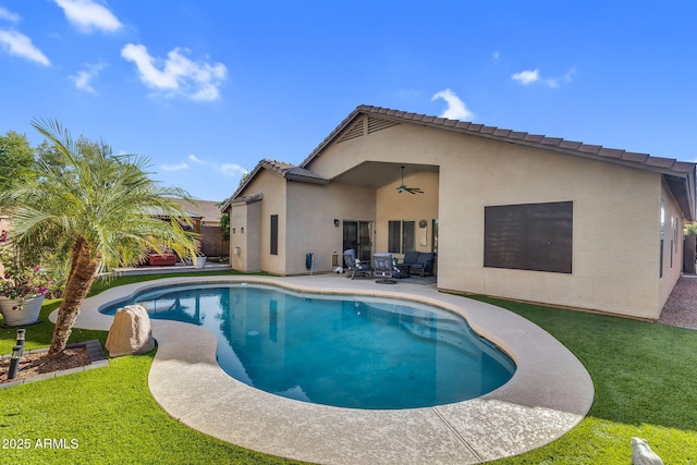 32881 N Hidden Canyon Dr, San Tan Valley, AZ 85144 - view of swimming pool featuring a lawn, a fenced backyard, a fenced in pool, a patio, and ceiling fan