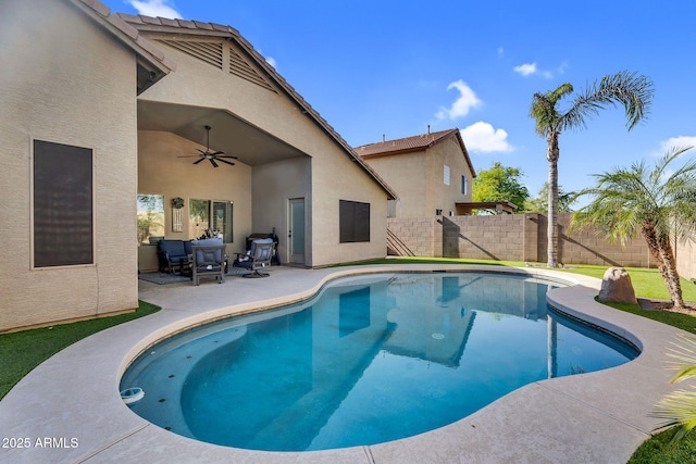 32881 N Hidden Canyon Dr, San Tan Valley, AZ 85144 - view of pool with ceiling fan, a fenced backyard, a fenced in pool, and a patio area