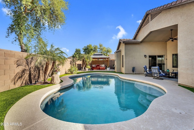32881 N Hidden Canyon Dr, San Tan Valley, AZ 85144 - view of swimming pool with a fenced backyard, a gazebo, an outdoor living space, and a patio area