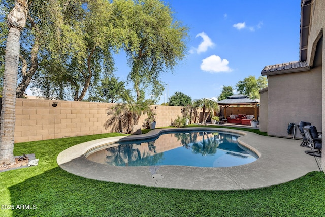 32881 N Hidden Canyon Dr, San Tan Valley, AZ 85144 - view of pool with a fenced in pool, a fenced backyard, a gazebo, a patio area, and a yard