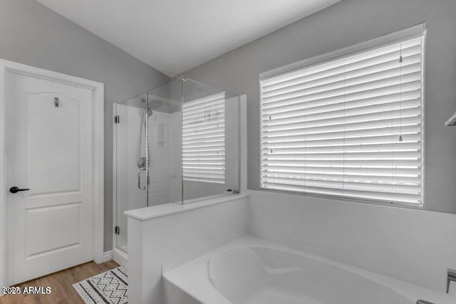 32881 N Hidden Canyon Dr, San Tan Valley, AZ 85144 - full bathroom featuring a bath, wood finished floors, and a stall shower