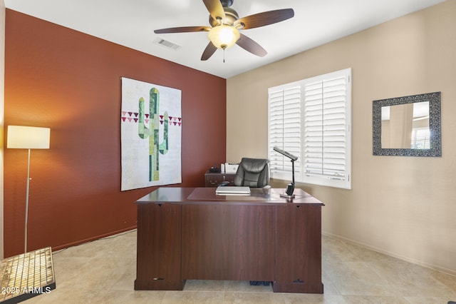 office featuring baseboards, visible vents, and a ceiling fan