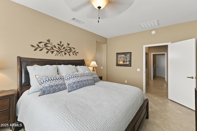 bedroom featuring a ceiling fan and visible vents