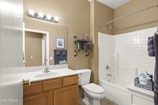 bathroom with bathing tub / shower combination, vanity, toilet, and tile patterned floors