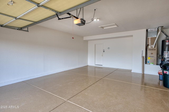 garage featuring heating unit, baseboards, gas water heater, and a garage door opener