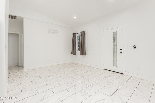 3614 W Granada Rd, Phoenix, AZ 85009 - empty room featuring vaulted ceiling, light marble finish flooring, and recessed lighting