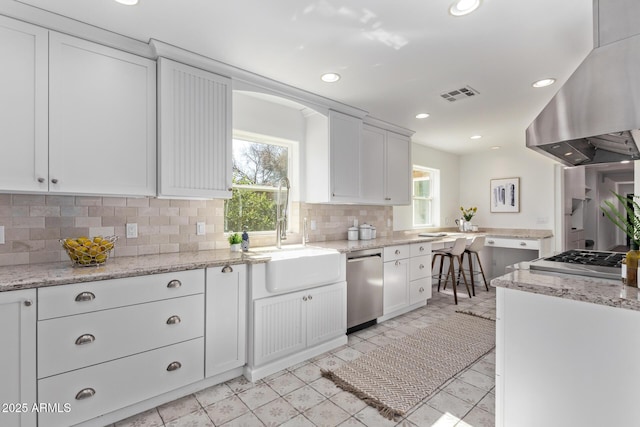 kitchen with a wealth of natural light, island range hood, sink, white cabinets, and stainless steel appliances