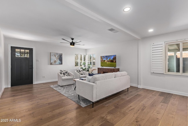 living room with hardwood / wood-style flooring and ceiling fan