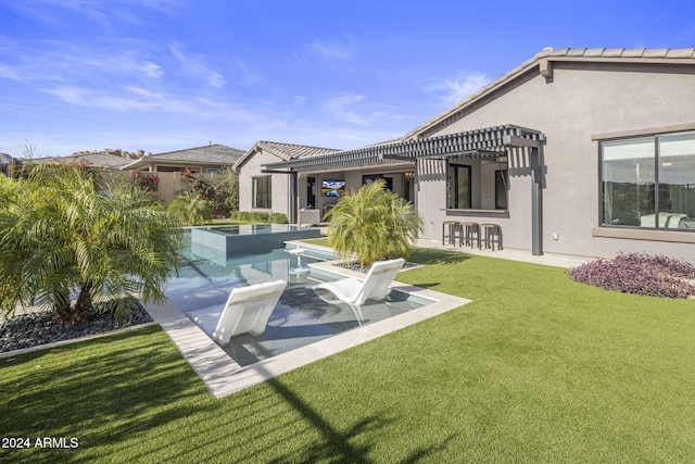 rear view of property with a yard, a pergola, a pool with hot tub, and a patio