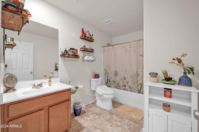 full bathroom featuring vanity, toilet, and shower / bathtub combination with curtain