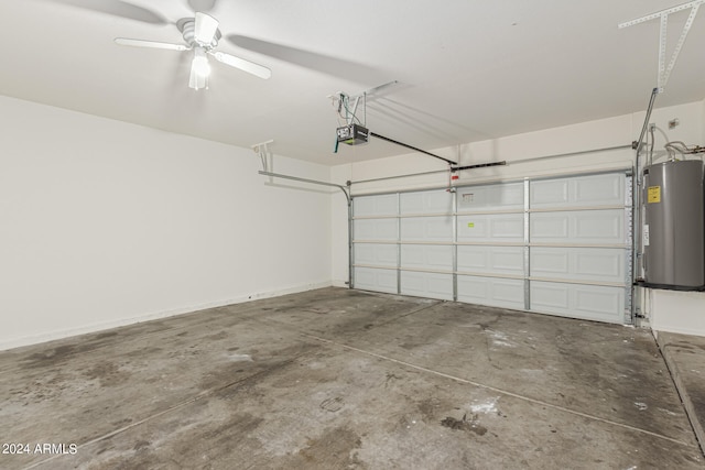 garage featuring ceiling fan, water heater, and a garage door opener