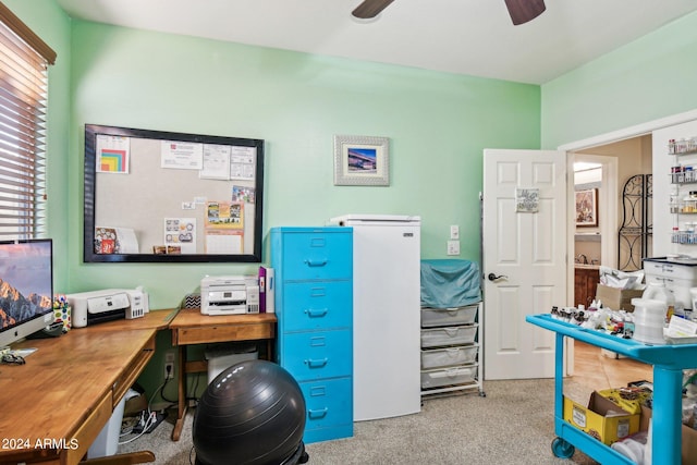 home office with ceiling fan and light carpet